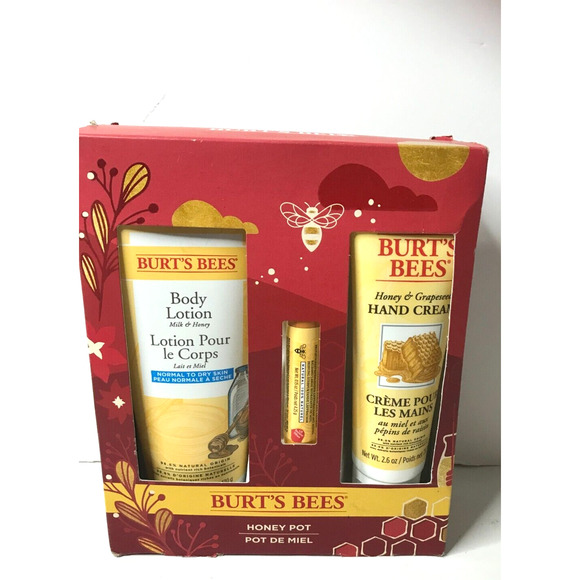 Burts Bees Honey Pot Holiday Gift Set New Body Lotion Hand Cream Lip Balm - Picture 1 of 3